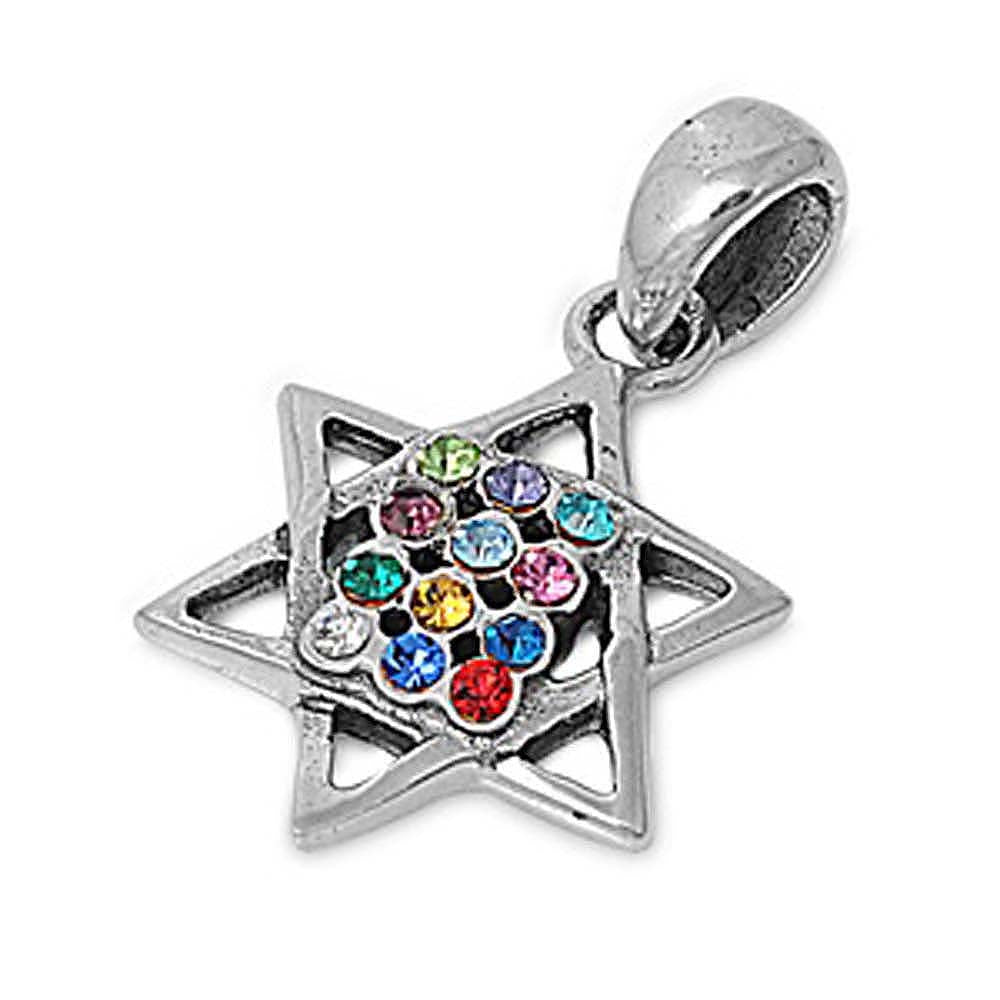 Sterling Silver Star of David Pendant with Centered Multicolored CZ