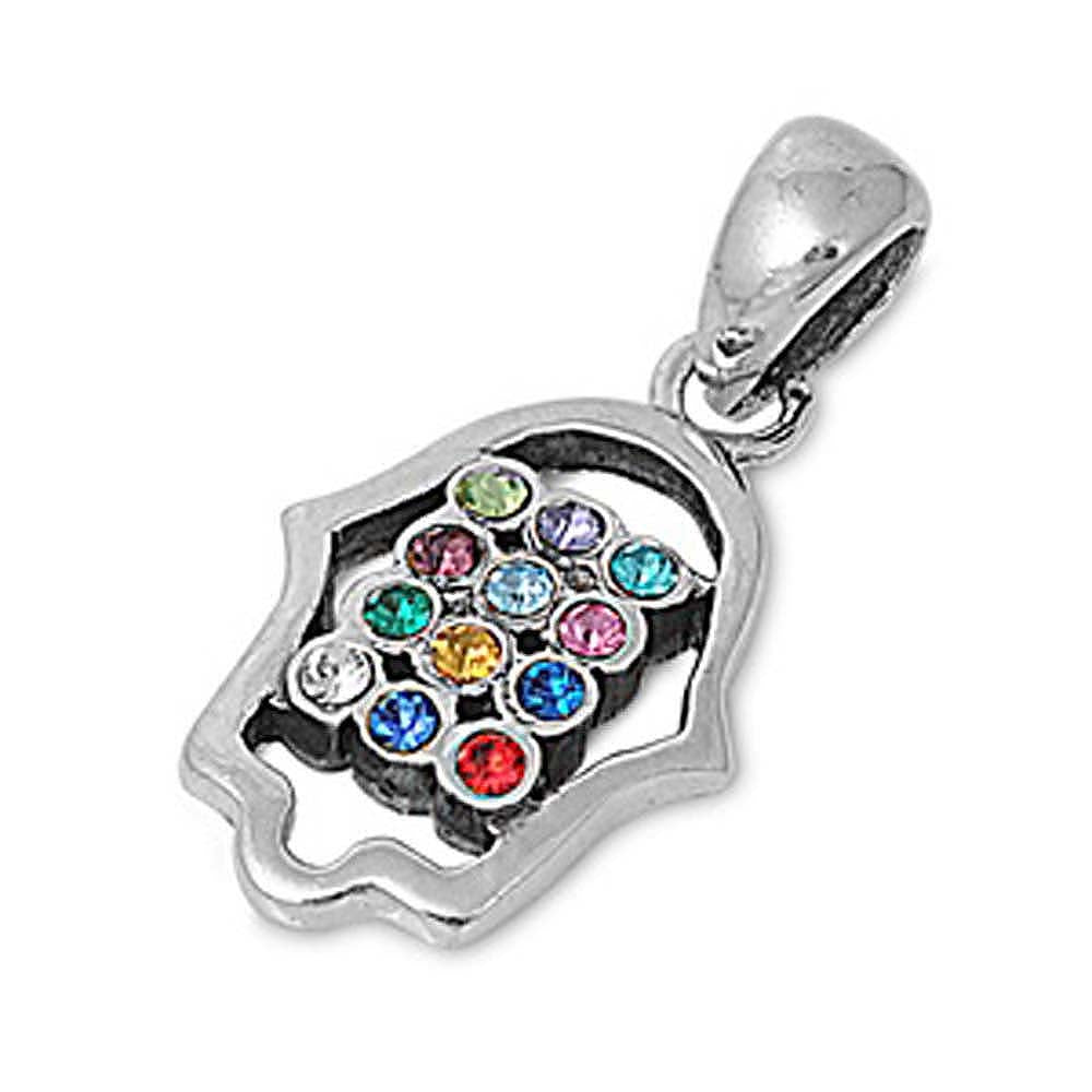 Sterling Silver Hamsa Hand Pendant with Centered Multicolored CZ