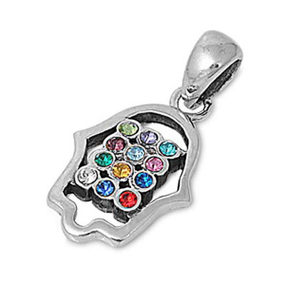 Sterling Silver Hamsa Hand Pendant with Centered Multicolored CZ