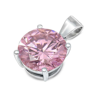 Sterling Silver Pink CZ Solitaire Pendant Set on High Quality Prong Setting and Aprx 2.5 Carat Weight