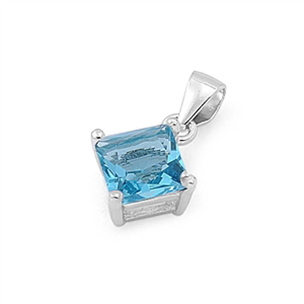 Sterling Silver Elegant Blue Topaz Princess Cut CZ Solitaire Pendant Set on High Quality Prong Setting And Aprx 1.5 Carat Weight
