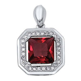 Sterling Silver Princess Cut Garnet Cz with Pave Frame Pendant, Pendant Height of 16MM