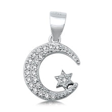 Load image into Gallery viewer, Sterling Silver Crescent Moon and Star Clear CZ Pendant