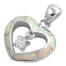 Load image into Gallery viewer, Sterling Silver Fancy White Lab Opal Open Cut Heart with Floating Clear CZ StoneAnd Pendant Height of 16MM