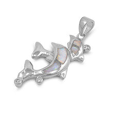 Load image into Gallery viewer, Sterling Silver Double Dolphin with White Lab Opal and Round Clear CZ Stone PendantAnd Pendant Height of 28MM