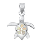 Sterling Silver White Lab Opal Turtle and Plumeria Pendant