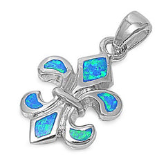 Sterling Silver Fleur De Lise Shape Blue Lab Opal Pendant and Pendant Height 24mm