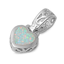 Load image into Gallery viewer, Sterling Silver Filigree Style White Lab Opal Heart Pendant with Pendant Height of 24MM
