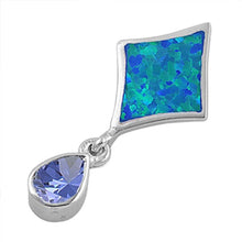 Load image into Gallery viewer, Sterling Silver Stylish Diamond Shape Blue Lab Opal and Dangling Pear Shape Tanzanite CZ Stone Pendant with Pendant Height of 31MM