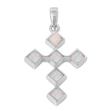 Sterling Silver Fancy Modish White Lab Opal Diamond Shaped Cross Pendant with Pendant Height of 32MM