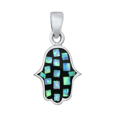 Sterling Silver Blue Lab Opal Hamsa Pendant