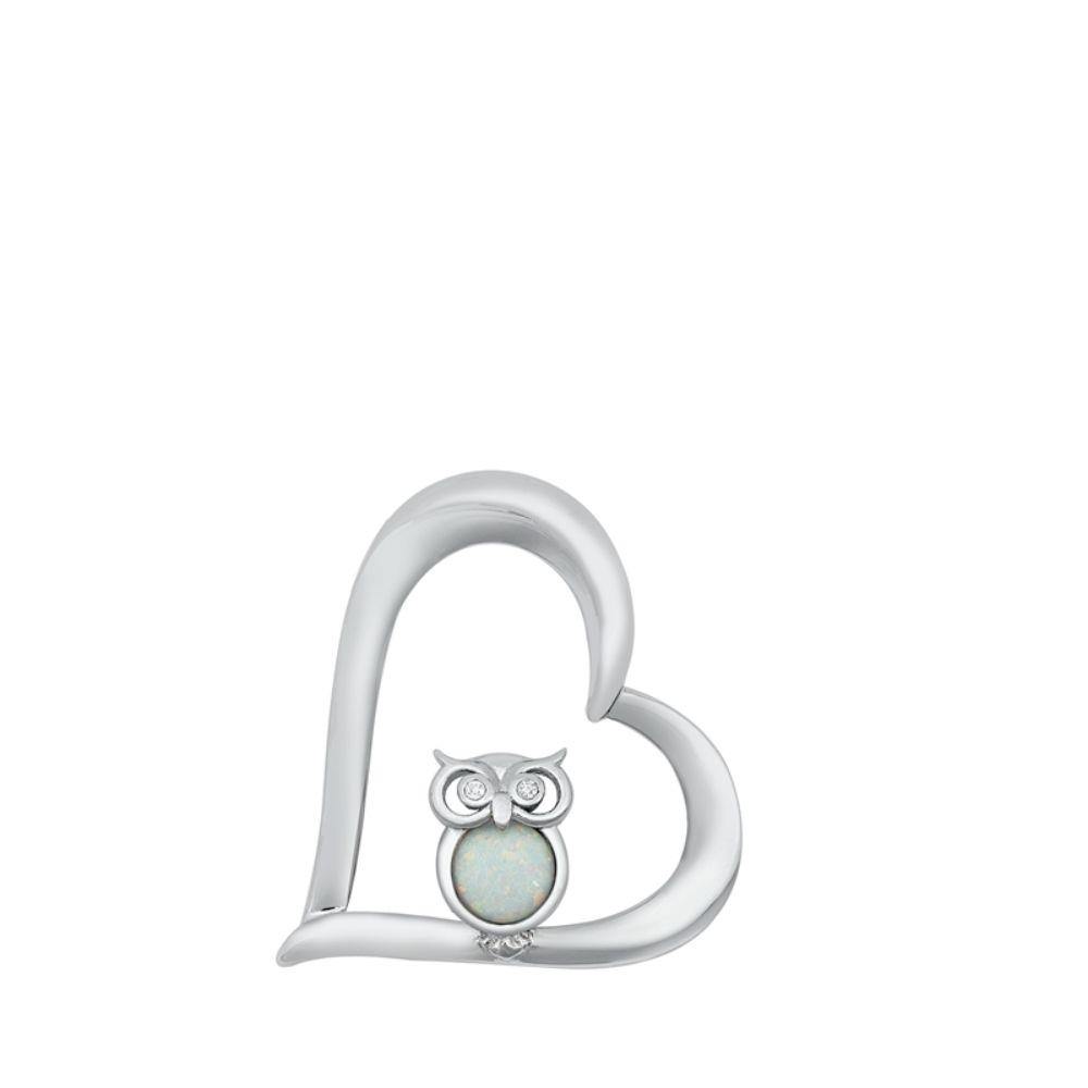 Sterling Silver Heart & Owl White Lab Opal Pendant