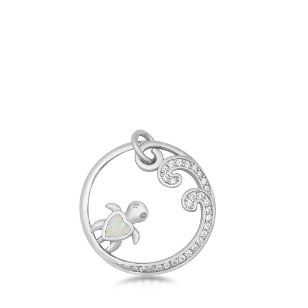 Sterling Silver Turtle and Wave White Lab Opal Pendant