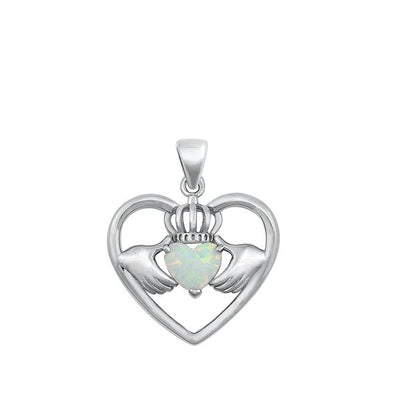 Sterling Silver Claddagh in Heart 19mm White Lab Opal Pendant