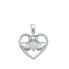 Sterling Silver Claddagh in Heart 19mm White Lab Opal Pendant