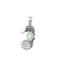 Sterling Silver Seahorse White Lab Opal Pendant