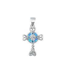 Load image into Gallery viewer, Sterling Silver Rhodium Plated Celtic Cross Blue Lab Opal Pendant