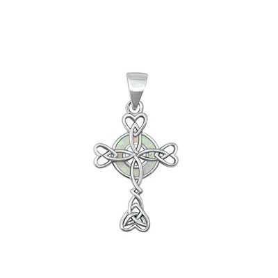 Sterling Silver Rhodium Plated Celtic Cross White Lab Opal Pendant