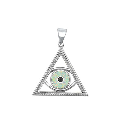 Sterling Silver Rhodium Plated Eye of Providence White Lab Opal Pendant