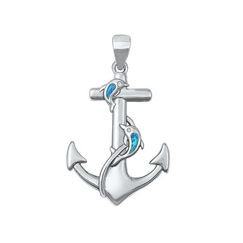 Sterling Silver Rhodium Plated Anchor Blue Lab Opal Pendant