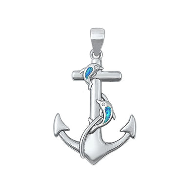 Sterling Silver Rhodium Plated Anchor Blue Lab Opal Pendant
