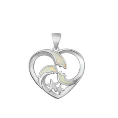 Sterling Silver Rhodium Plated Heart White Lab Opal Pendant-20.8mm