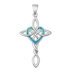 Sterling Silver Rhodium Plated Celtic Cross and Heart Blue Lab Opal Pendant