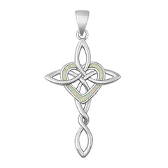 Sterling Silver Rhodium Plated Celtic Cross And Heart White Lab Opal Pendant