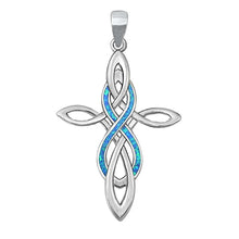 Load image into Gallery viewer, Sterling Silver Rhodium Plated Celtic Cross and Infinity Blue Lab Opal Pendant