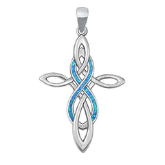 Sterling Silver Rhodium Plated Celtic Cross and Infinity Blue Lab Opal Pendant