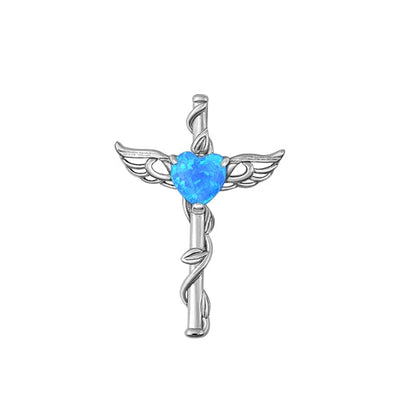 Sterling Silver Rhodium Plated Caduceus Blue Lab Opal Pendant