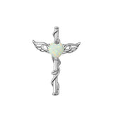 Sterling Silver Rhodium Plated Caduceus White Lab Opal Pendant
