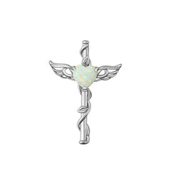 Sterling Silver Rhodium Plated Caduceus White Lab Opal Pendant