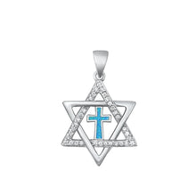 Load image into Gallery viewer, Sterling Silver Rhodium Plated Star of David and Cross Blue Lab Opal Pendant