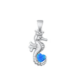 Sterling Silver Rhodium Plated Seahorse Blue Lab Opal Pendant