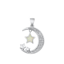 Load image into Gallery viewer, Sterling Silver Rhodium Plated Moon and Stars White Lab Opal Pendant