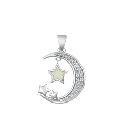 Sterling Silver Rhodium Plated Moon and Stars White Lab Opal Pendant