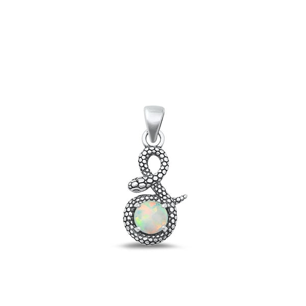 Sterling Silver Oxidized White Lab Opal Snake Pendant Face Height-15.8mm
