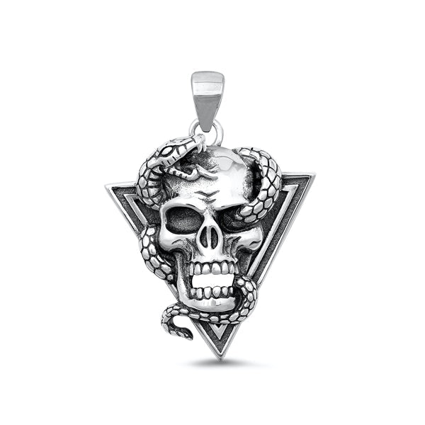 Sterling Silver Oxidized Skull And Snake Pendant Face Height-27mm