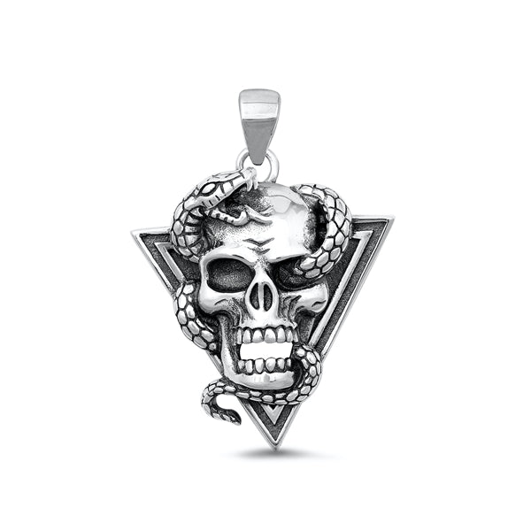 Sterling Silver Oxidized Skull And Snake Pendant Face Height-27mm