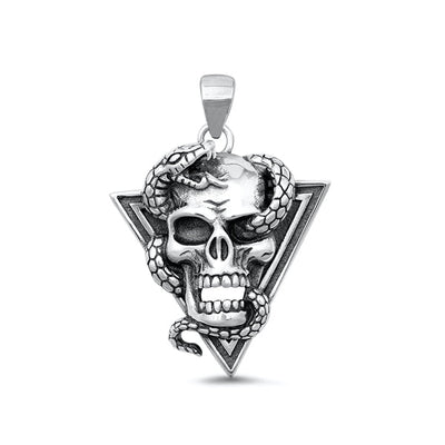 Sterling Silver Oxidized Skull And Snake Pendant Face Height-27mm