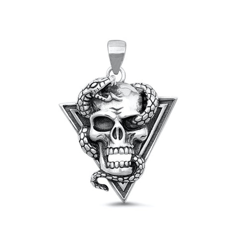 Sterling Silver Oxidized Skull And Snake Pendant Face Height-27mm