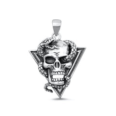 Sterling Silver Oxidized Skull And Snake Pendant Face Height-27mm