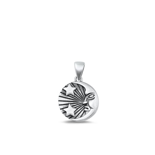 Sterling Silver Oxidized Moon And Stars Plain Pendant Face Height-13.8mm