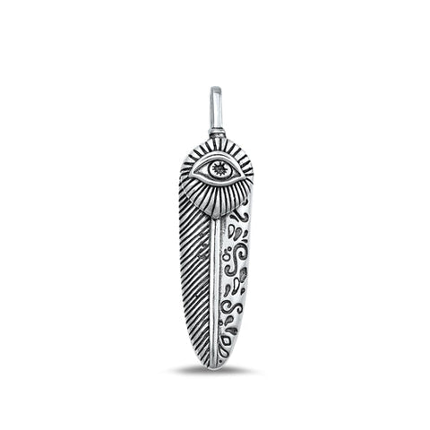 Sterling Silver Oxidized Feather And Evil Eye Plain Pendant Face Height-28.4mm