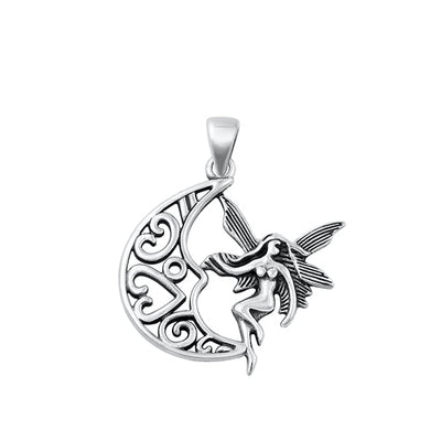 Sterling Silver Oxidized Fairy And Moon Plain Pendant Face Height-24.2mm