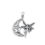 Sterling Silver Oxidized Fairy And Moon Plain Pendant Face Height-24.2mm