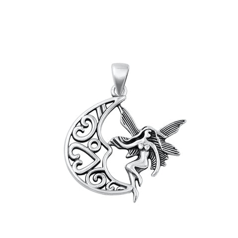 Sterling Silver Oxidized Fairy And Moon Plain Pendant Face Height-24.2mm