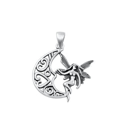 Sterling Silver Oxidized Fairy And Moon Plain Pendant Face Height-24.2mm