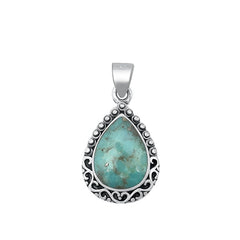 Sterling Silver Oxidized Teardrop Genuine Turquoise Stone Pendant